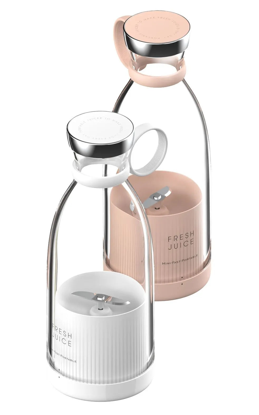 Two glass drink containers with pink and white designs on a white background